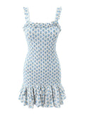 Flower Print Corset Ruched Elastic Body Sling Mini Square Collar Ruffles Hem Dress