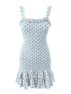 Flower Print Corset Ruched Elastic Body Sling Mini Square Collar Ruffles Hem Dress