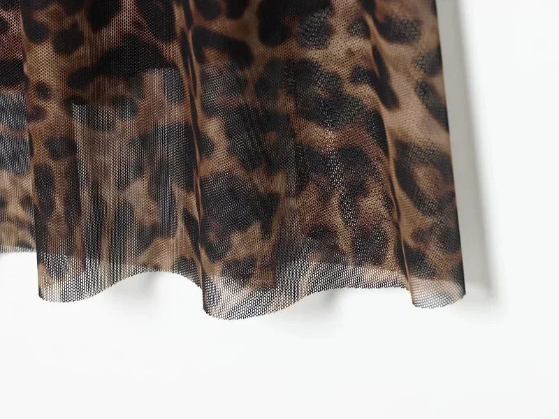 Vintage Leopard Print Mesh Long Skirt With Empire Waist Flowy Tulle