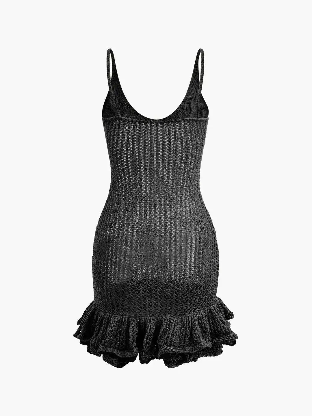 Open Knit Crochet Cami Mini Dress With Ruffle Hem