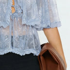 Lace Cape Tops Sexy Ruffled Trim Front Tie Closure Short Sleeve Mesh Blouse