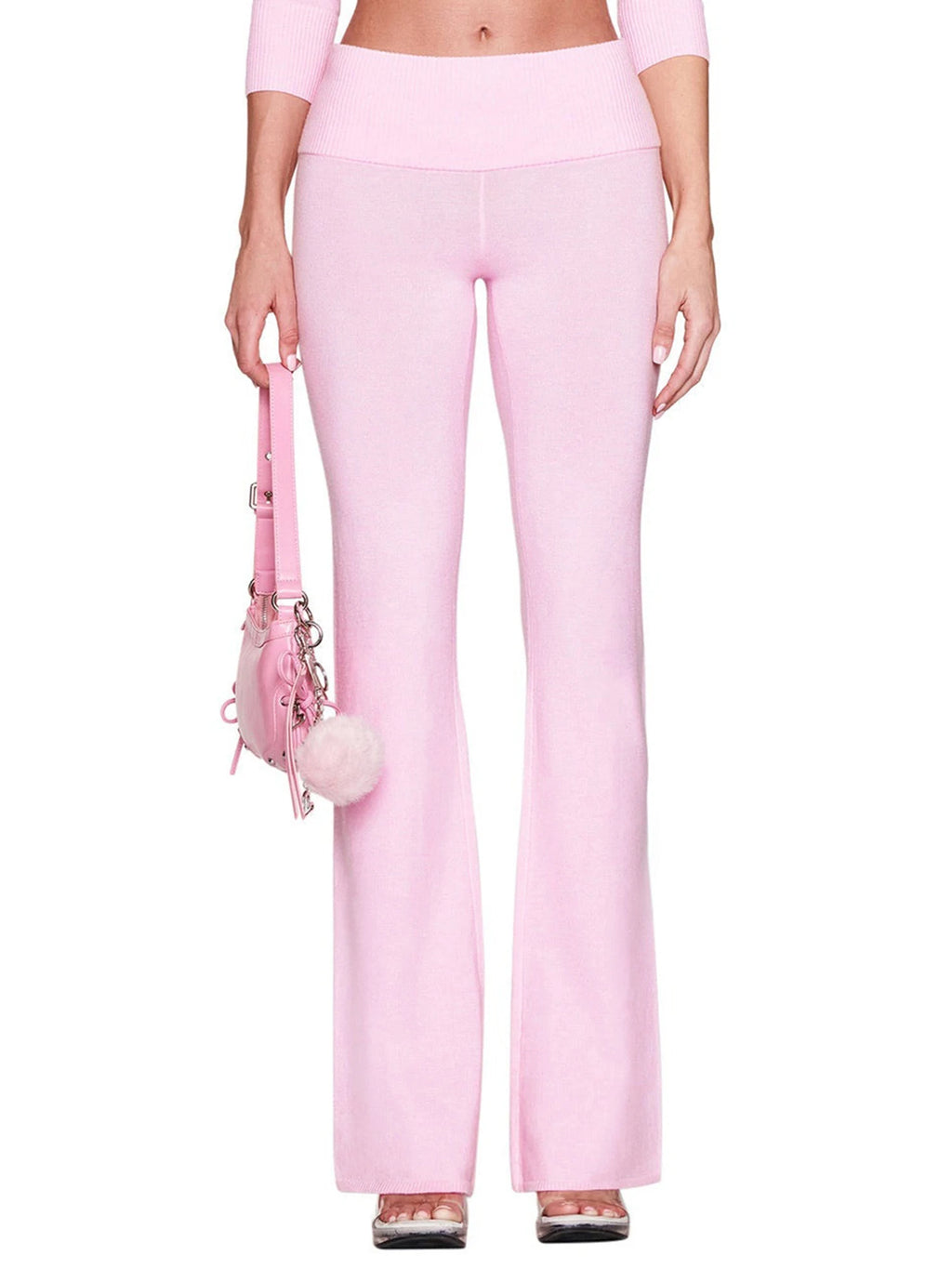 Boutique Knit Flared Pants With Elastic Waist And Back Bow Detail Slim Fit Trousers