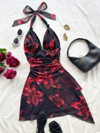 Leopard Halter Neck Mini Dress With Tie Up Front And Ruffle Hem