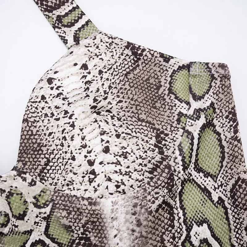 Snake Print Backless Halter Tank Top And Capri Set For Bold Retro Nightlife Style Vibe