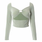 Hollow Out V Neck Ribbed Backless Crop Top With Long Sleeves And Square Collar