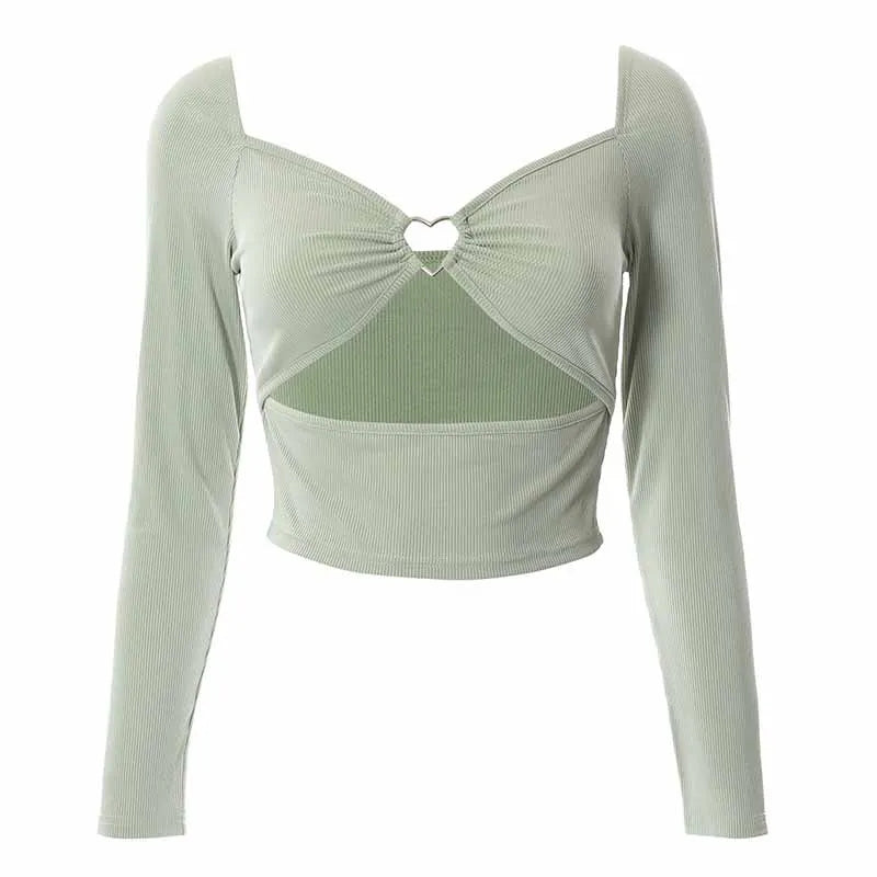 Hollow Out V Neck Ribbed Backless Crop Top With Long Sleeves And Square Collar