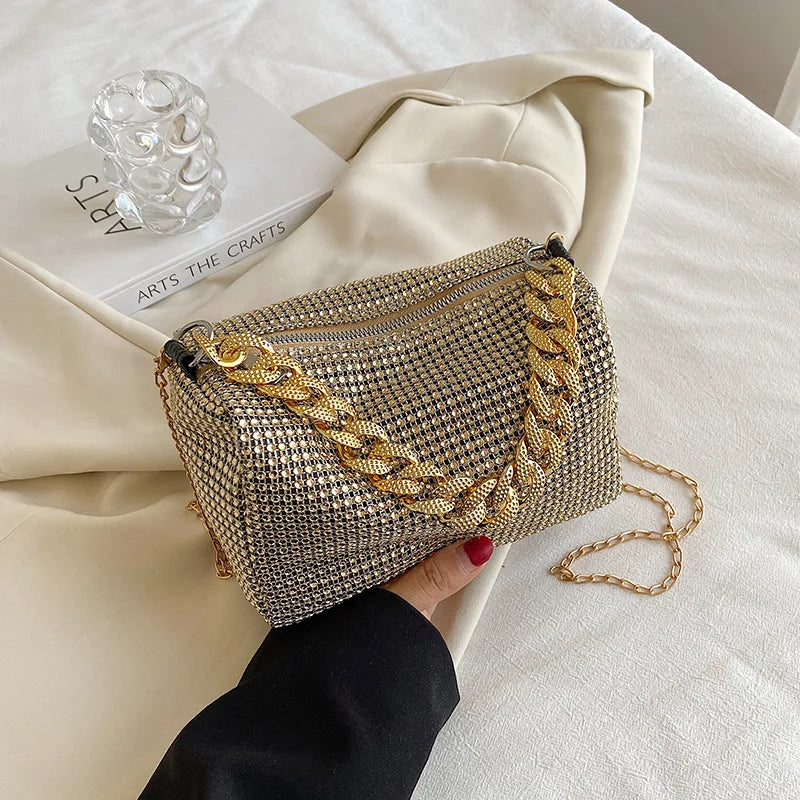 Mini Crossbody Rhinestone Bucket Bag With Glitter Chain Purse