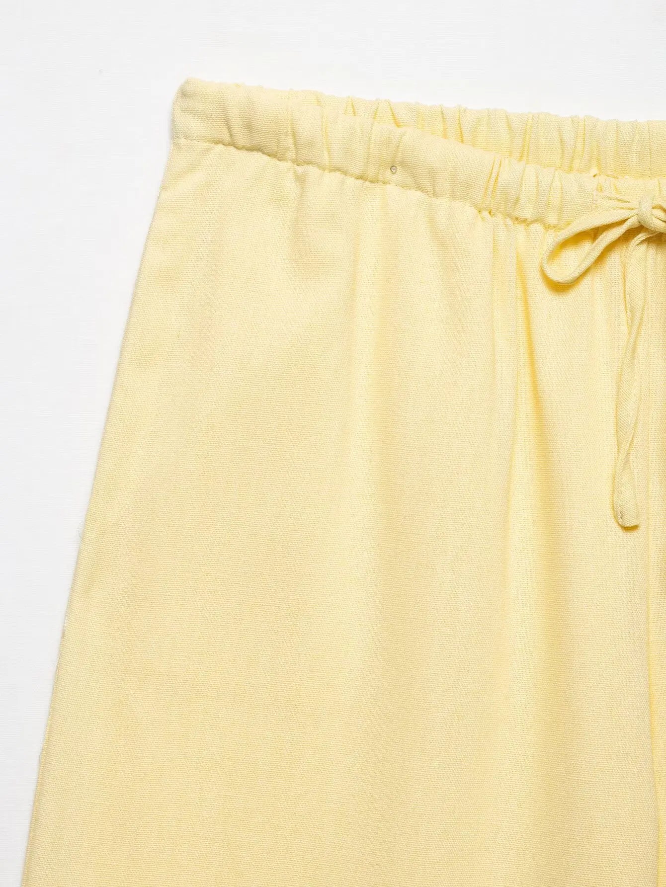 Breezy Linen Kimono Two-piece Set With Lace Up Top And Wide Leg Pants