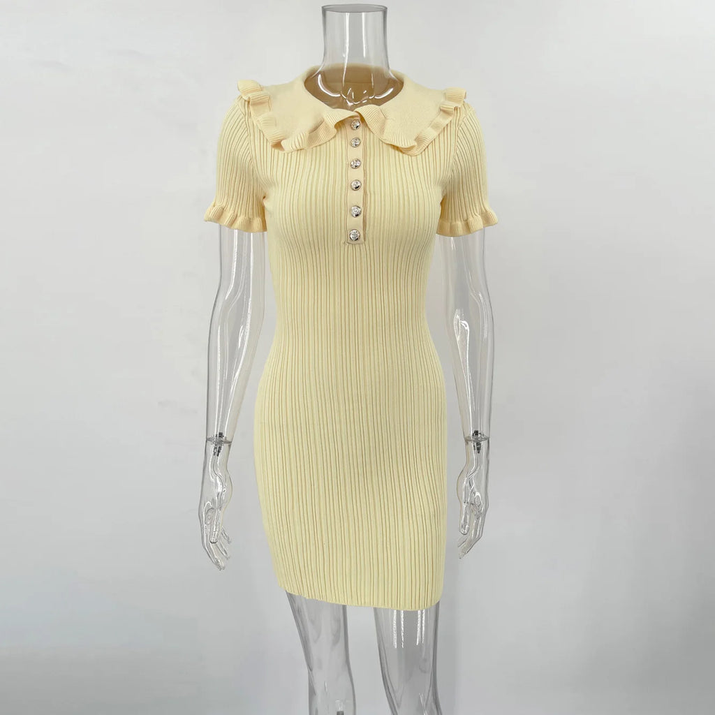 Ruffled High Waist Mini Dress Short Sleeve Knit Elegant Vintage