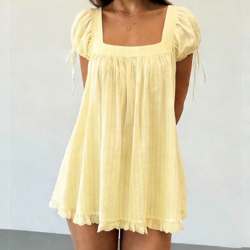 Vintage Puff Sleeve Women Square Neck A-line Mini Ruffled Fairy Flowy Short Dress