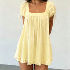 Vintage Puff Sleeve Women Square Neck A-line Mini Ruffled Fairy Flowy Short Dress