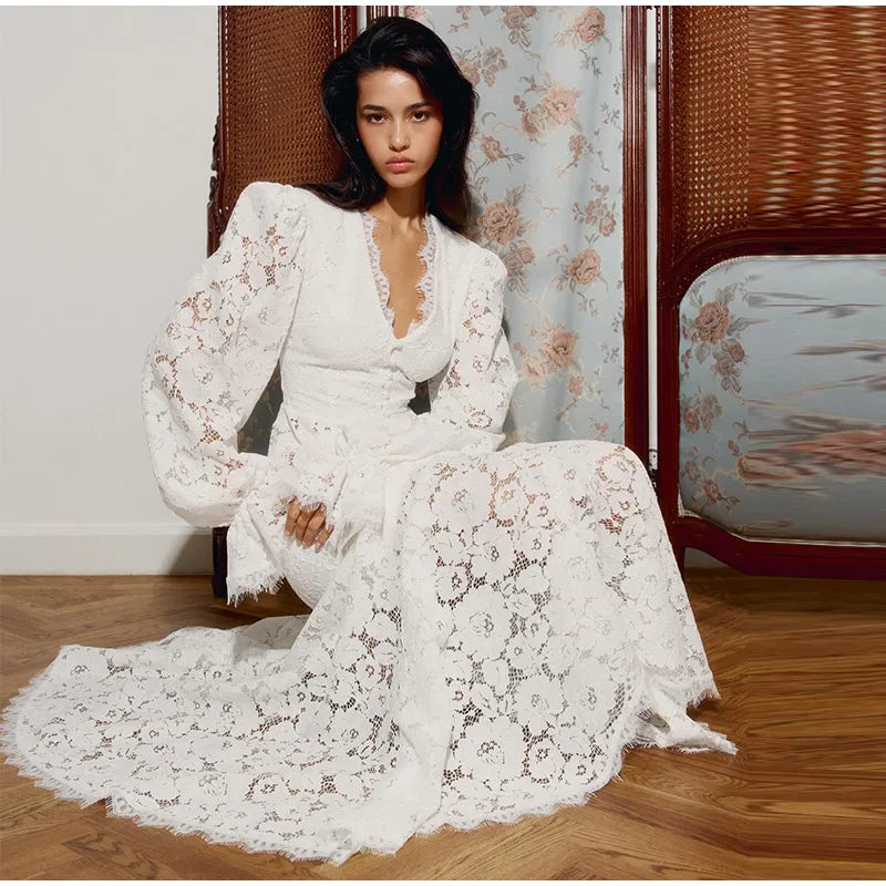 Delicate Lace V-Neck Peplum Top With Flare Sleeves And High Waist Mermaid Hem Elegant Evening Set