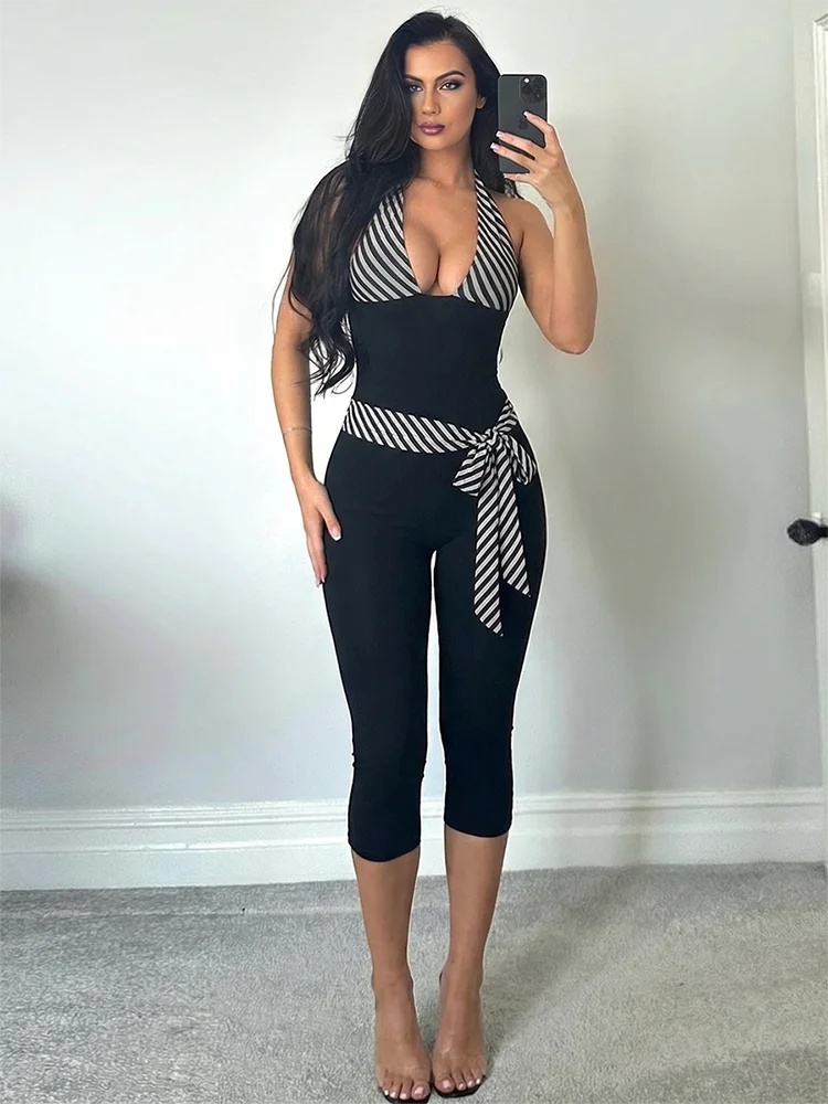Stripes Patchwork Halter Jumpsuit Backless Sleeveless Skinny Stretch Fit