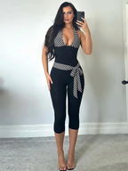 Stripes Patchwork Halter Jumpsuit Backless Sleeveless Skinny Stretch Fit