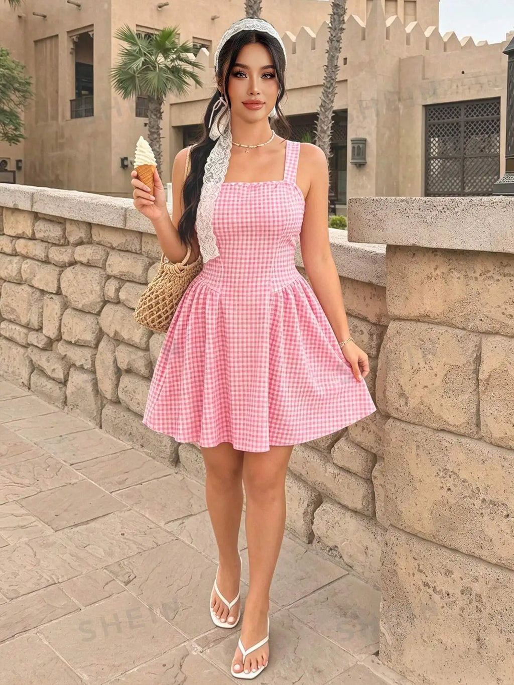 Plus Size Plaid Spaghetti Strap Mini Dress With Elegant Waist Cinching