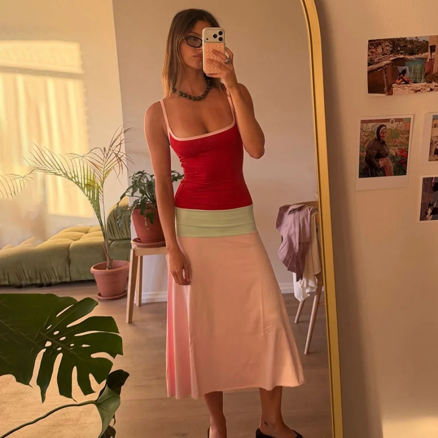 Colorful Spaghetti Strap Maxi Dress Slim Backless Sundress