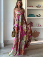 Printed Strapless Maxi Dress Elegant Off Shoulder Backless Gown High Waist