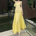 Off Shoulder Backless Evening Dress With Pleats And Ruffled Edges Diagonal Collar Floor Length