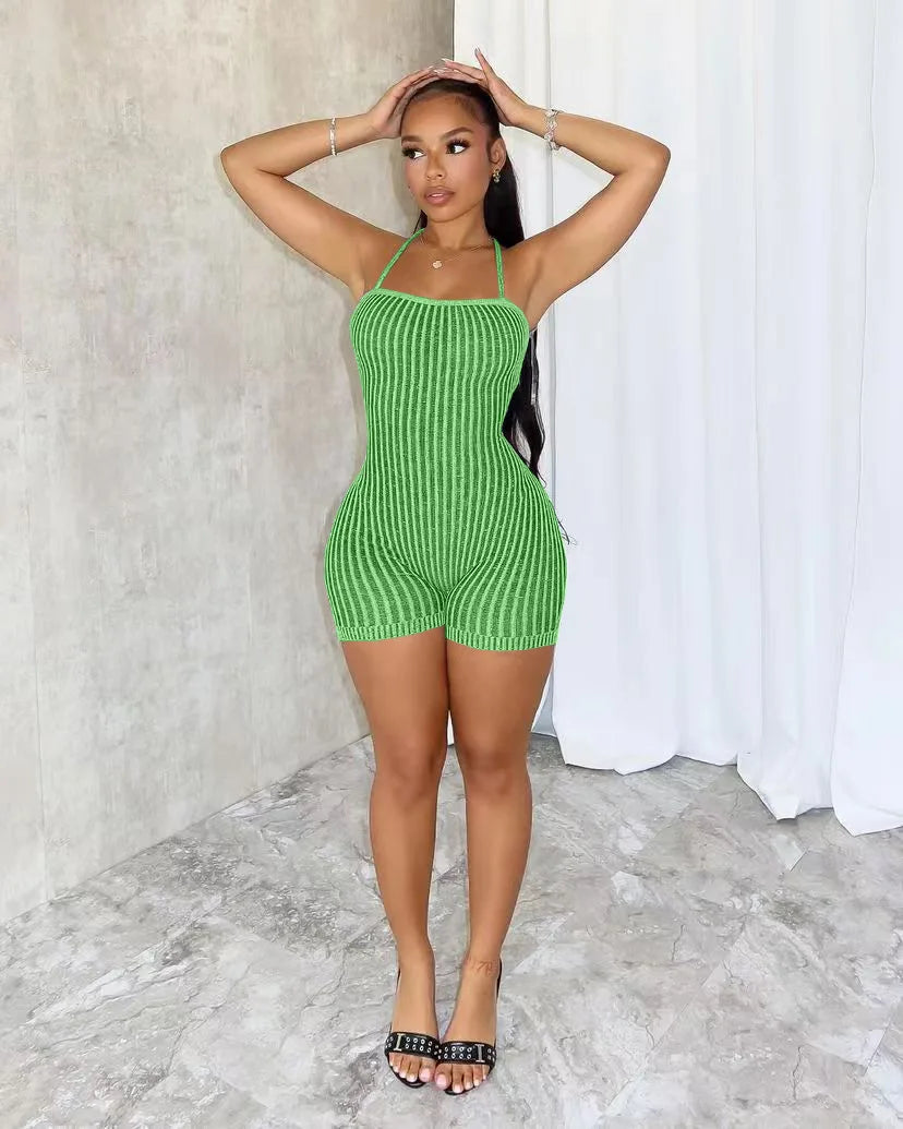 Backless Striped Knit Romper With Bandage Flattering Fit