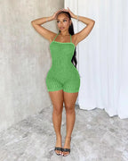 Backless Striped Knit Romper With Bandage Flattering Fit
