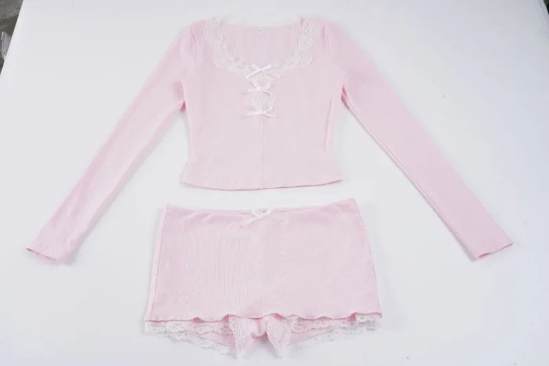 Y2K Hot Girl Lace Hem 2 Piece Set Fashion Bow Long Sleeve Crop Top & Bodycon Mini Skirt Matching Suits