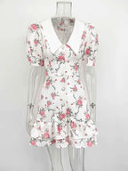 Puff Sleeves Ruffled Mini Dress With Pearl Buttons
