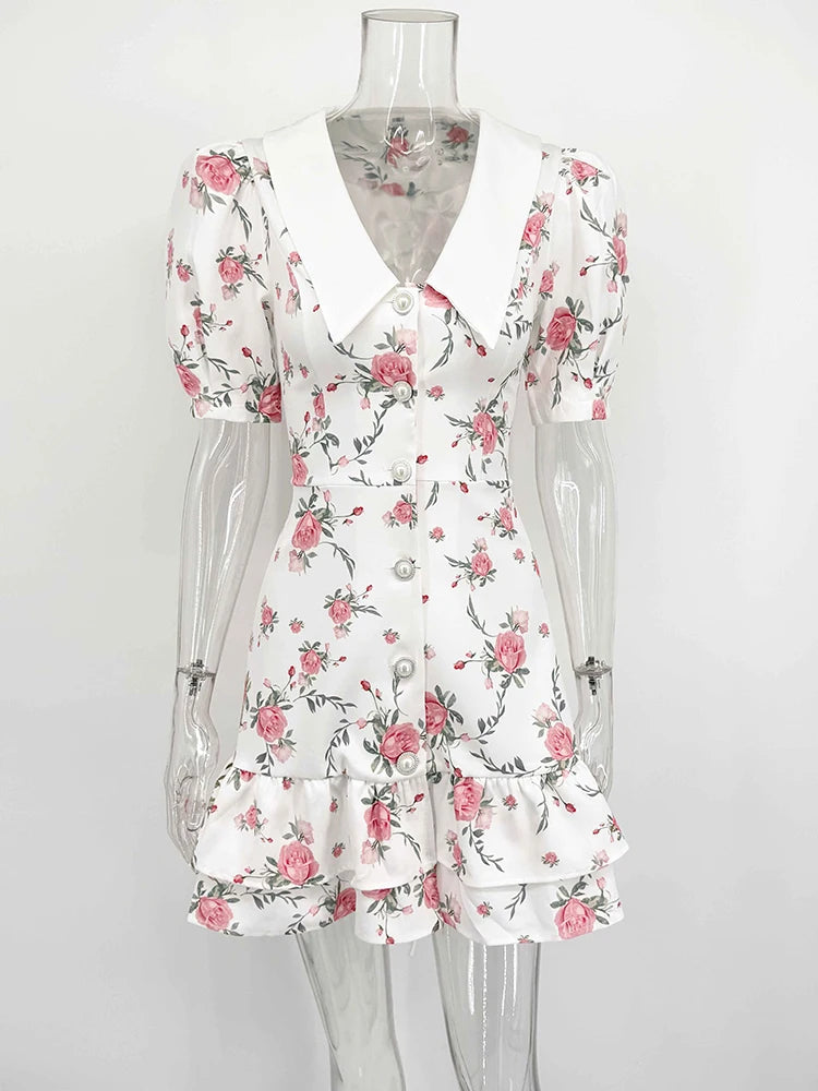 Puff Sleeves Ruffled Mini Dress With Pearl Buttons