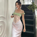 Color Block Off Shoulder Satin Maxi Dress With Lace Mesh Corset Bodice Elegant Evening Gown