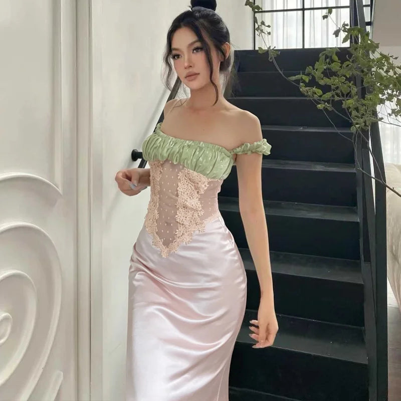 Color Block Off Shoulder Satin Maxi Dress With Lace Mesh Corset Bodice Elegant Evening Gown