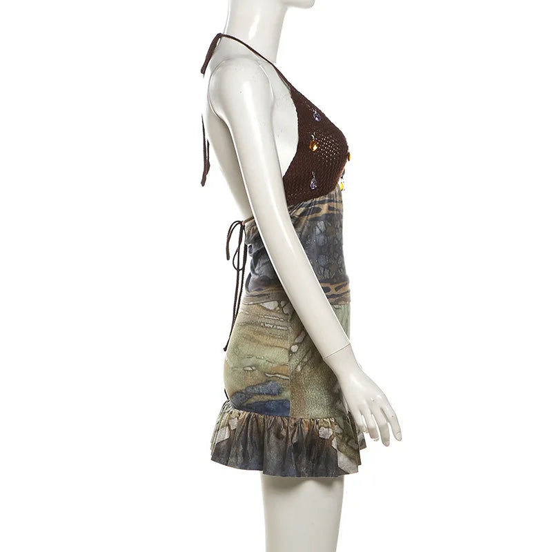 Sunlit Beach Crystal Knit Patchwork Halter Set With Lace Up Backless Top And Ruffle Printed Skirt