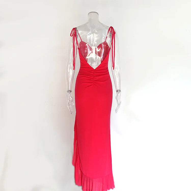 Sultry Lace Up Backless Dress With Ruffles And Irregular Wrap Hem