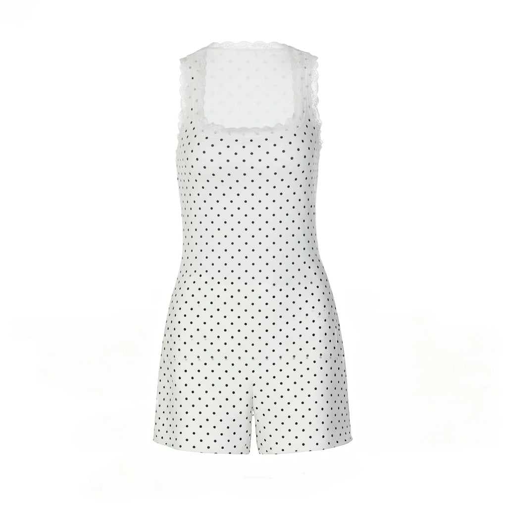 Summer Jumpsuit Polka Dot Lace Patchwork Square Neck Sleeveless
