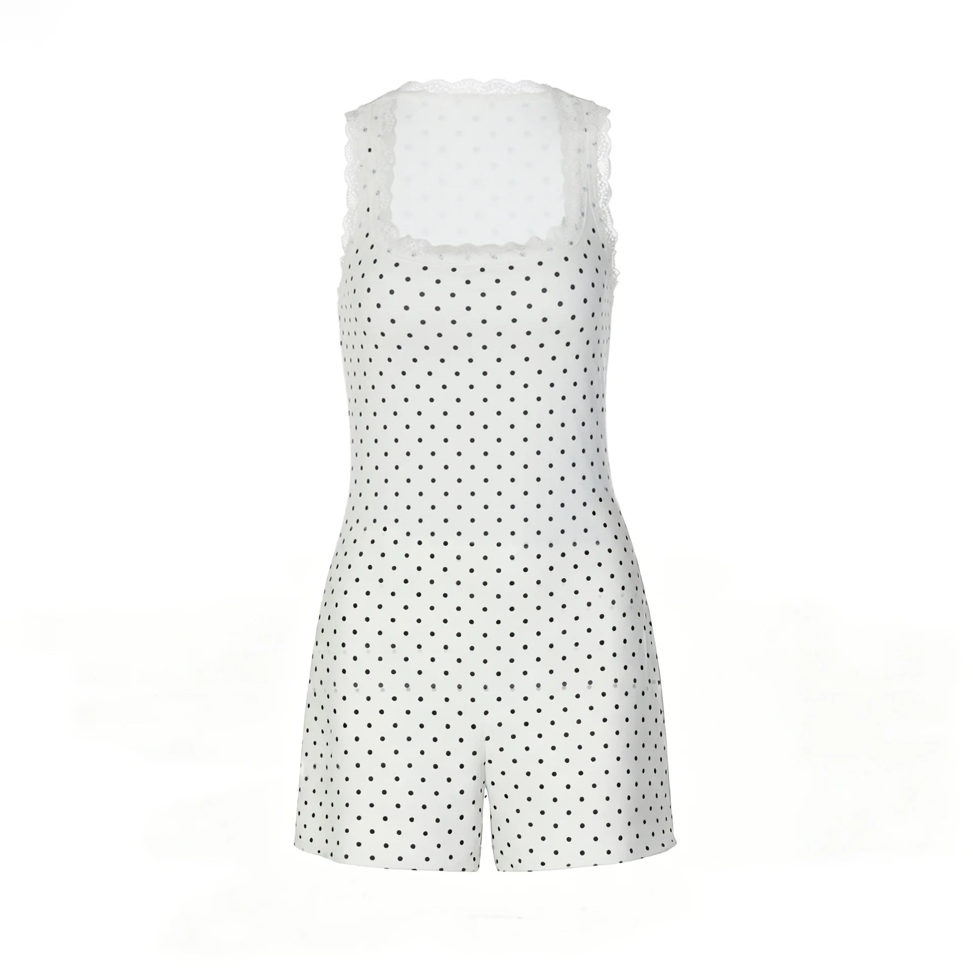 Summer Jumpsuit Polka Dot Lace Patchwork Square Neck Sleeveless
