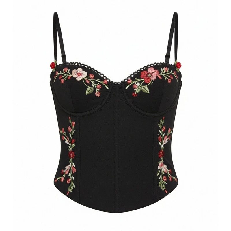 Floral Embroidered Slim Fit Spaghetti Strap Camisole Top