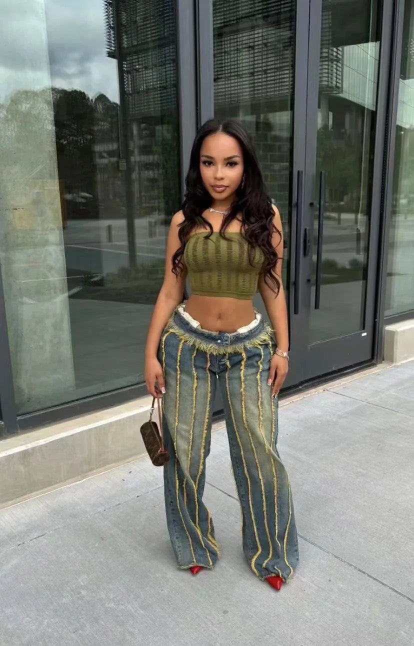 Wide Leg High Waist Denim Jeans For Women Chic Streetwear Straight Trousers With Drawstring