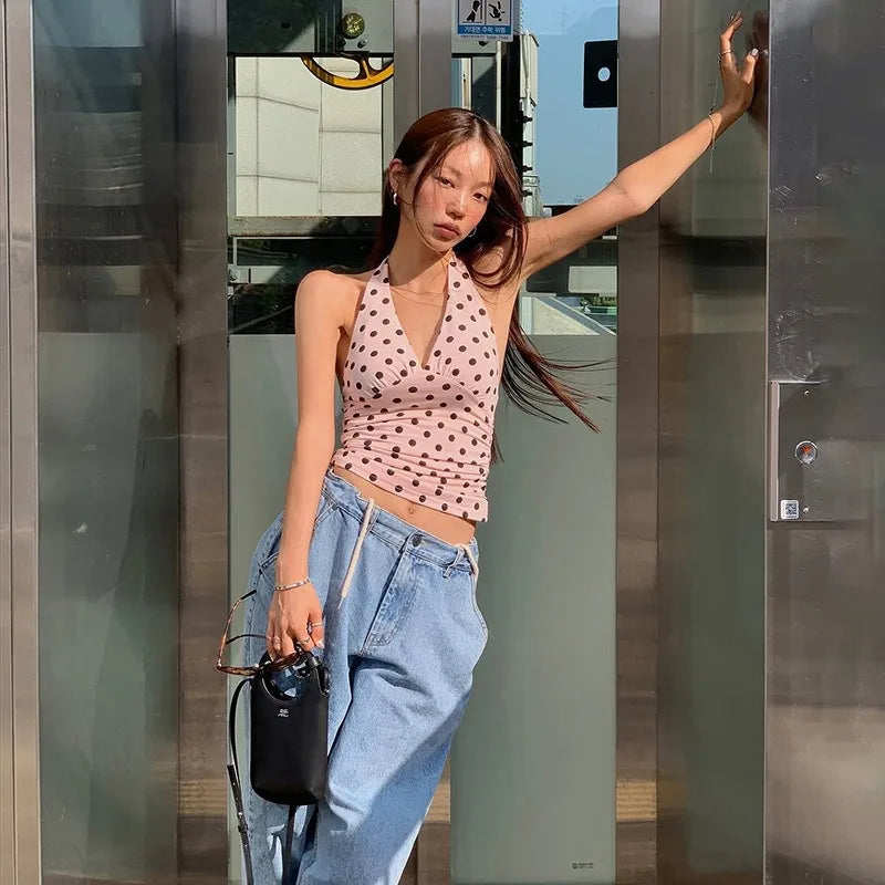 Polka Dot Off Shoulder Backless Camisole Tank Top
