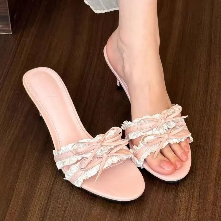 French Inspired Butterfly Bow Open Toe Sandals With Mid Heel For Women