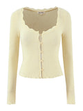 Women Fashion Sweet Lace Patchwork Knitted Cardigan Vintage O-Neck Long Sleeve Sweater