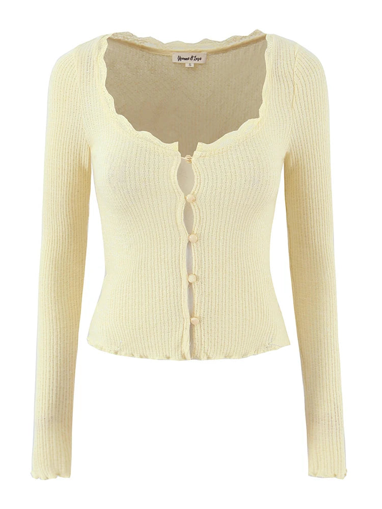 Women Fashion Sweet Lace Patchwork Knitted Cardigan Vintage O-Neck Long Sleeve Sweater