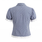 Vintage Lapel Collar Puff Sleeve Lace Patchwork Sweet Plaid Single Breasted Blouse