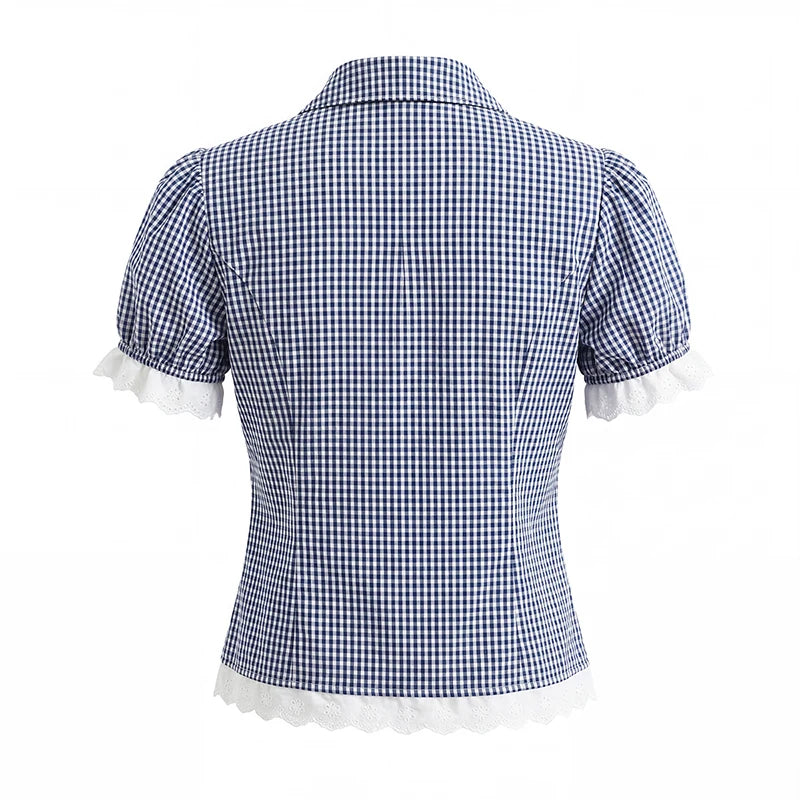 Vintage Lapel Collar Puff Sleeve Lace Patchwork Sweet Plaid Single Breasted Blouse