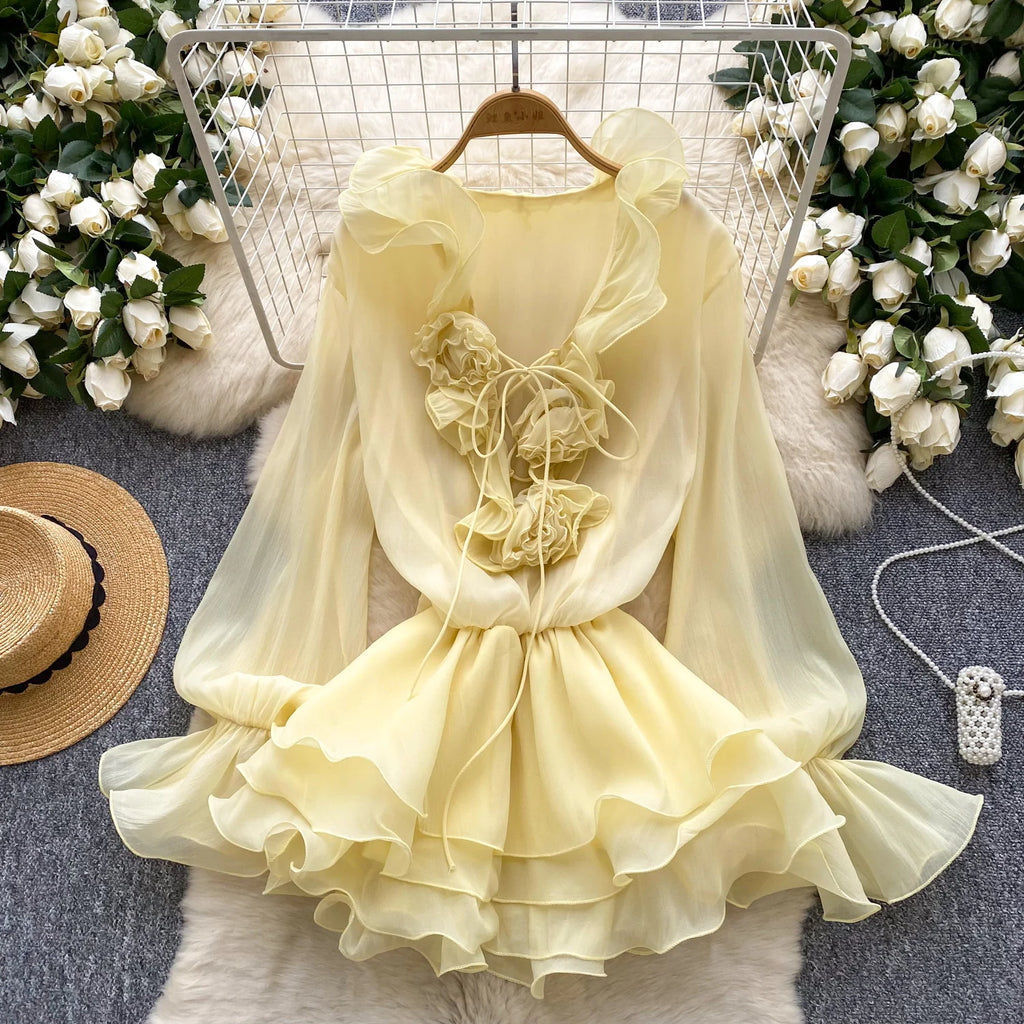 Boho 3D Floral Chiffon Sundress With Long Sleeves Lace Up Ruffle Detail