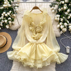Boho 3D Floral Chiffon Sundress With Long Sleeves Lace Up Ruffle Detail