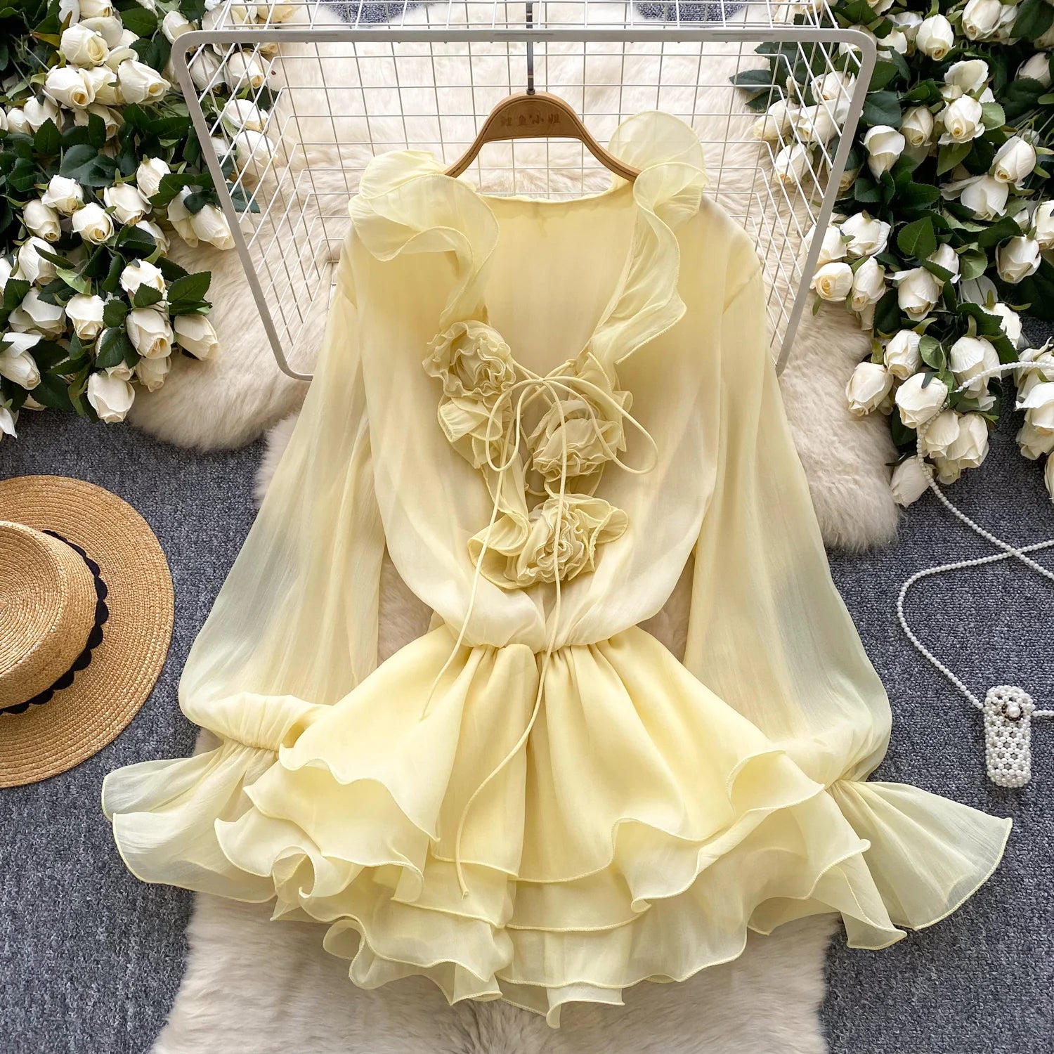 Boho 3D Floral Chiffon Sundress With Long Sleeves Lace Up Ruffle Detail