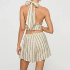 Striped Loungewear Set With Tie Up Halter Top And Elastic Waist Shorts
