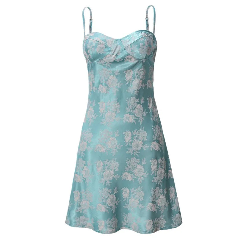 Spaghetti Strap Backless Mini A-line for Woman Satin Flower Green Brunch Dress