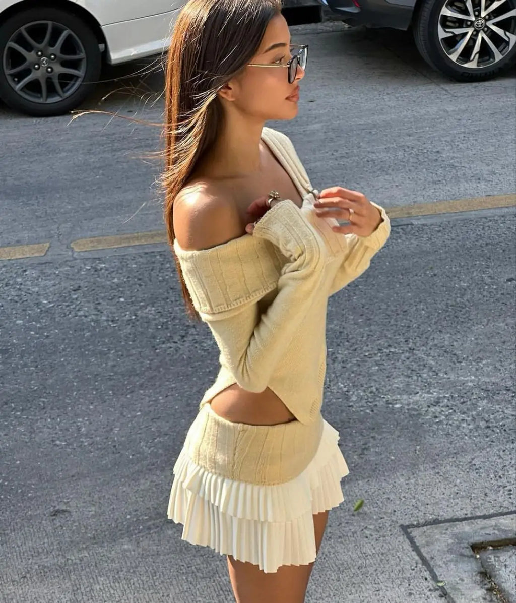 Knit Color Block Mini Skirt High Waisted Pleated