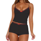Cozy Two-piece Sleepwear Set With Bow Detail V Neck Cami Top And Soft Polyester Shorts For Lounging