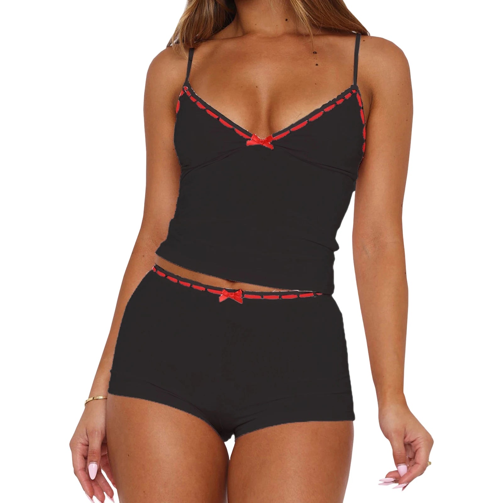 Cozy Two-piece Sleepwear Set With Bow Detail V Neck Cami Top And Soft Polyester Shorts For Lounging