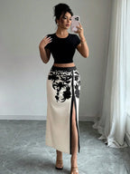 Black Floral Midi Skirt With Ruched And High Slit